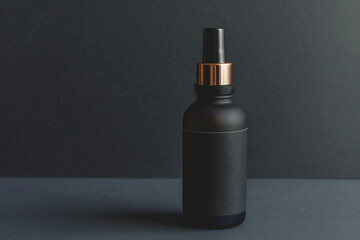 Sleek and stylish skincare product bottle against a dark gray isolated solid background, emphasizing modern aesthetics,