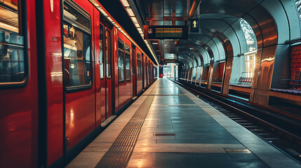Red Line in the Metro. Copy Space. - obrazy, fototapety, plakaty