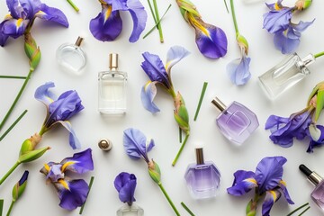 perfume bottles interspersed with iris flowers
