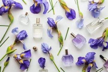 Schilderijen op glas perfume bottles interspersed with iris flowers © primopiano