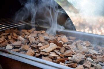 wood chips in a smoking tray for barbecue, with visible smoke