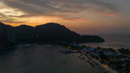 Drone Aerial View from Koh Phi Phi in Thailand at sunset