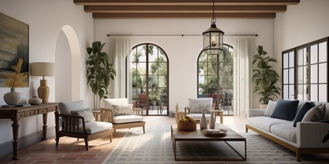 Fototapeta na wymiar A picturesque Mediterranean Revival architecture leading into a modern living room sanctuary, featuring Spanish tile floors, wrought iron fixtures, and comfortable seating.