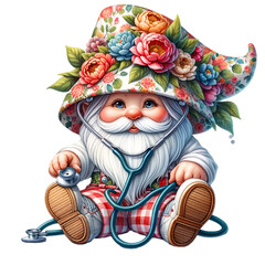 Floral Nurse gnome with stethoscope & shot with a hat covering his face isolated and cut-out on Nurse elements background