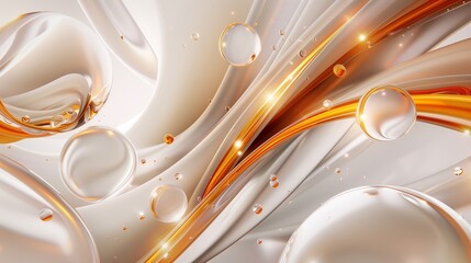 3D abstract background with white and orange elements. White glossy waves with orange glass spheres. Generated by artificial intelligence.