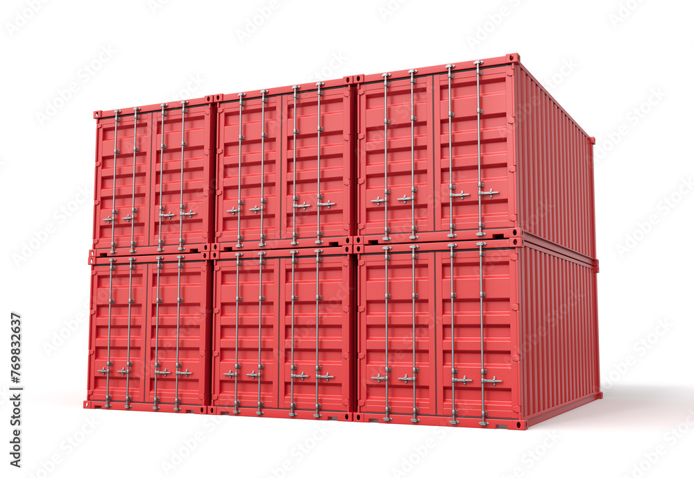 Poster 3d rendering of six closed red cargo containers stacked on one another on white background.