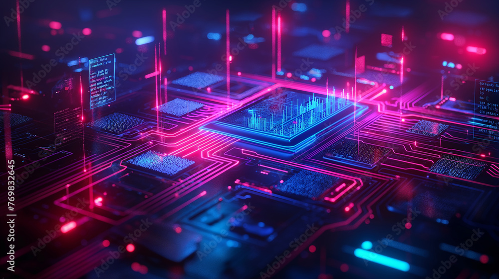 Poster Futuristic Circuit Board with High-Tech Data Streams
