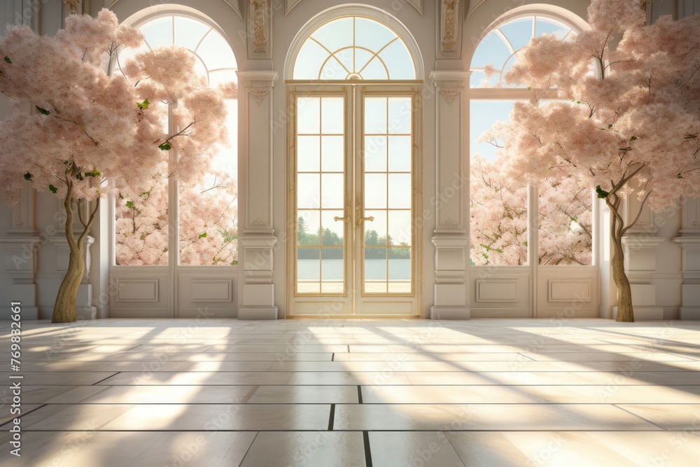Aufkleber spacious room with abundant windows and trees generative ai