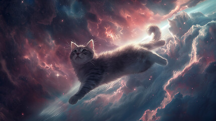 Fluffy Cat Drifting Through Dreamy Space Clouds - obrazy, fototapety, plakaty