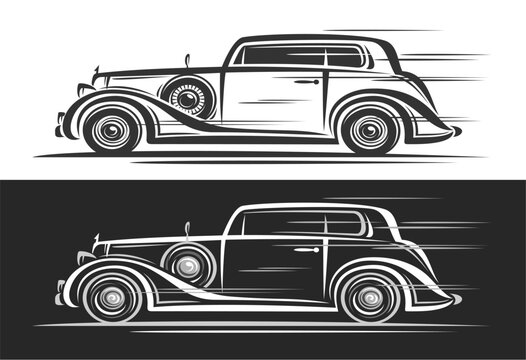 Naklejki Vector logo for Vintage Car, horizontal decorative automotive banners with simple contour illustration of elegant historic car in moving, art design monochrome exotic car on black and white background