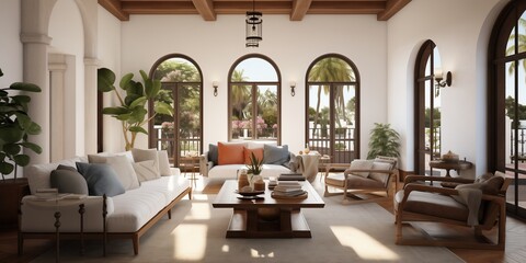 A picturesque Mediterranean Revival architecture leading into a modern living room sanctuary, featuring Spanish tile floors, wrought iron fixtures, and comfortable seating.
