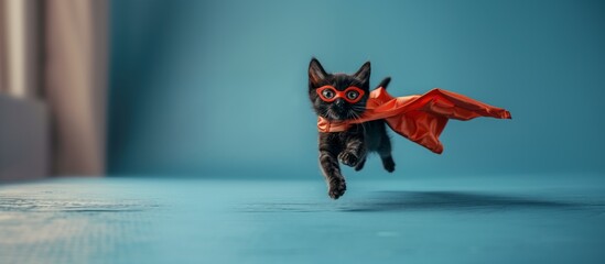 A black dog wearing a electric blue cape and goggles - Powered by Adobe