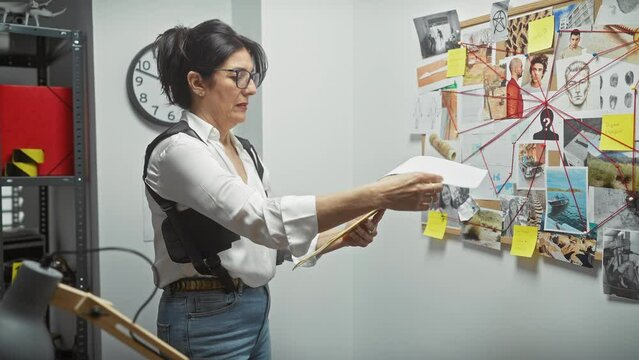 Mature woman examines clues on investigation board in police department office, showcasing analytical detective work.