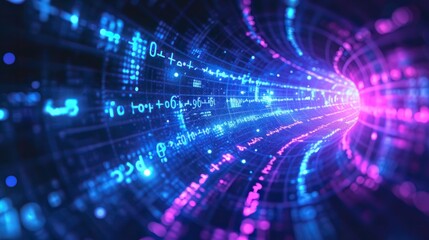 Obraz premium Abstract matrix data techno binary code glowing neon background. Digital artwork. Reflections and ceiling. Virtual matrix 3D background, representation for business
