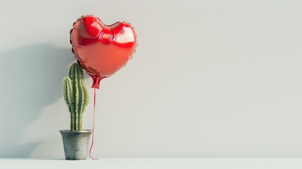 Minimalist concept of love. Cactus with heart balloon against white. Symbolizing tough love with a soft side. Creative visual, simple and clean. AI - obrazy, fototapety, plakaty