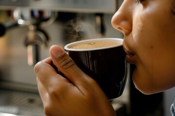 Fototapeta na wymiar person holding cup, sniffing freshly brewed coffee