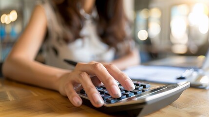 Fototapeta premium AI Generated businesswoman is calculating financial report with calculator and holding a pen.