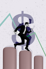Vertical photo collage of serious businessman run problem graph down dollar emblem bankruptcy...