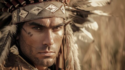 19th Century Native Americans: Middle-Aged American Indian with feathers on his head, facial tattoos, and an evaluative look, very close-up, portrait shot, blurred background