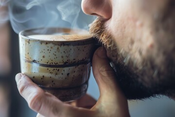 person holding cup, sniffing freshly brewed coffee - obrazy, fototapety, plakaty
