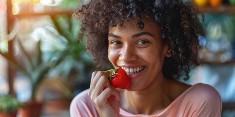 A woman practicing mindfulness while eating a piece of fruit, focusing on the present moment. 