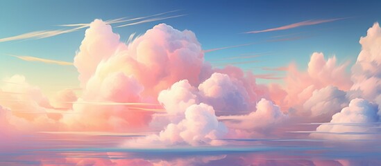A serene painting capturing the beautiful natural landscape of pink and white cumulus clouds against a blue sky, creating a calming atmosphere - obrazy, fototapety, plakaty