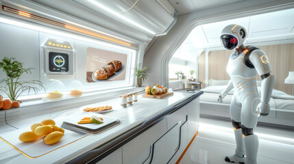 Futuristic kitchen with android assistant