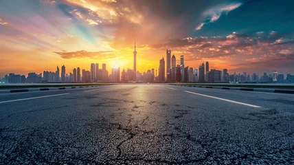 Fototapeten Empty asphalt road and modern city skyline with building scenery at sunset. high angle view - generative ai © Nia™