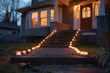 rows of lit candles leading up to a houses front door at twilight