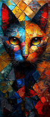 Colorful stained glass cat on abstract background. Computer collage.