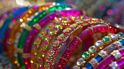 The shimmering and brightly lit stack of Indian bangles exudes a festive and joyous vibe