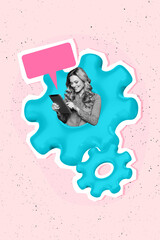 Vertical photo collage of happy girl write email tablet device gears settings message notification talk isolated on painted background