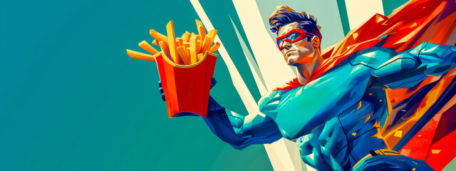 Superhero enjoying fast food french fries - obrazy, fototapety, plakaty