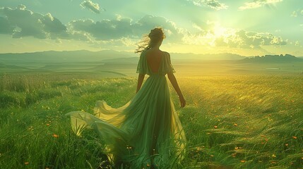 Woman walking in green windy field with tall grass wearing long dress - Powered by Adobe