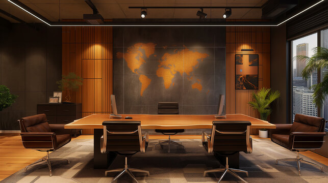 a conference room with a large world map on the wall. ai generated image.