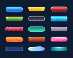 Game buttons. Vector set of game design interface with glossy button, border, icon, rectangle frames for ui design, mobile app, logo, stickers, video. User interface elements. Wooden and water texture