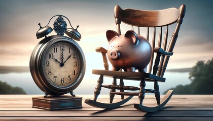 piggy bank seated in a rocking chair next to a vintage clock symbolizing the time and planning involved in preparing for retirement - obrazy, fototapety, plakaty