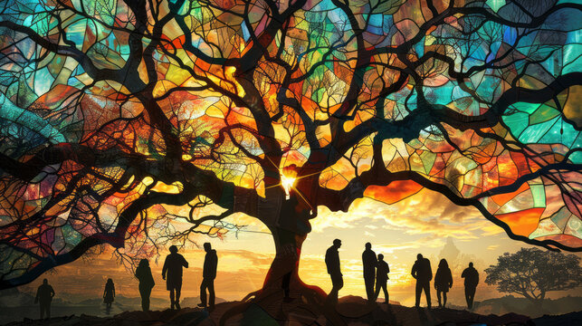 A tree with branches stained glass window style, silhouettes of people walking around