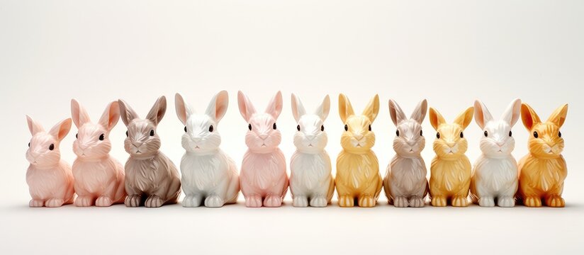 A colorful row of rabbits arranged in an artistic display for a still life photography event. Each rabbit representing a different color like magenta