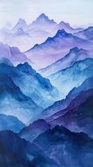 Misty watercolor mountains, cool blues and purples, eye level, serene majesty