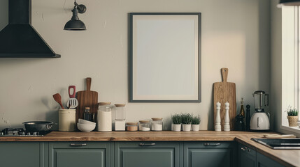 Modern style kitchen with a close up of a mock up poster frame