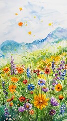 Fototapeta na wymiar Spring meadows with wildflowers, bright colors, ground level, cheerful, watercolor bloom