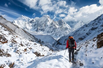 man with backpack trekking on snowy trail, peaks ahead