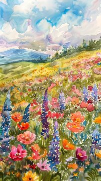 Spring meadows with wildflowers, bright colors, ground level, cheerful, watercolor bloom 