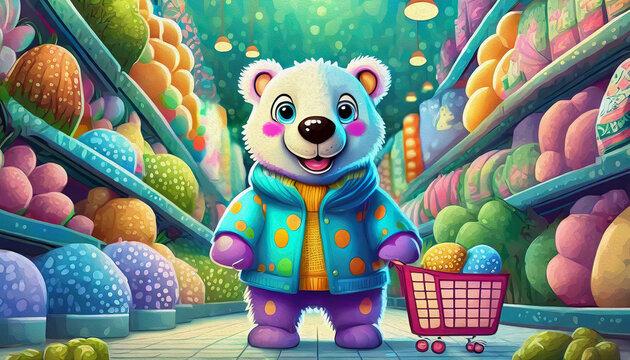 Oil painting style Cartoon character baby polar bear shopping in the supermarket