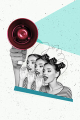 Obraz premium Vertical photo collage of stylish lady speak mouth open hand hold megaphone speaker propaganda protest isolated on painted background