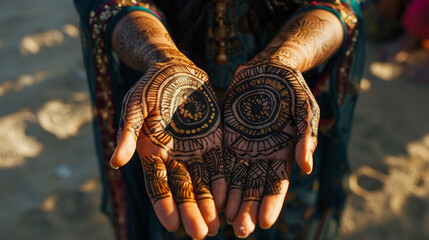 A female fortune teller with intricate designs on her hands,