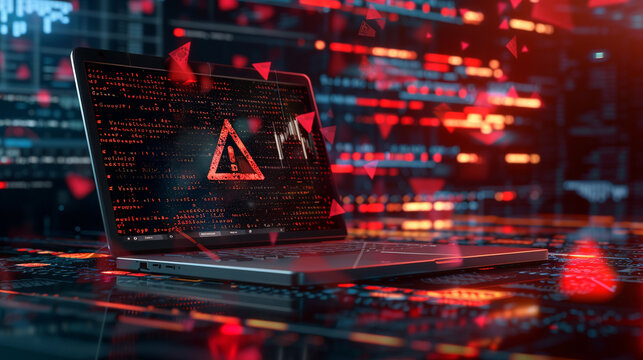 A laptop displaying a warning message amidst a backdrop of error codes,