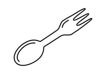 Hand drawn cute outline illustration of camping fork and spoon flatware. Flat vector multifunctional cutlery sticker line art doodle style. Tourism survival utensil icon. Adventure, hiking. Isolated.