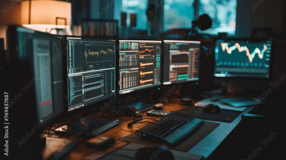 Poster a computer desk with four monitors and a keyboard. the monitors are displaying various graphs and nu